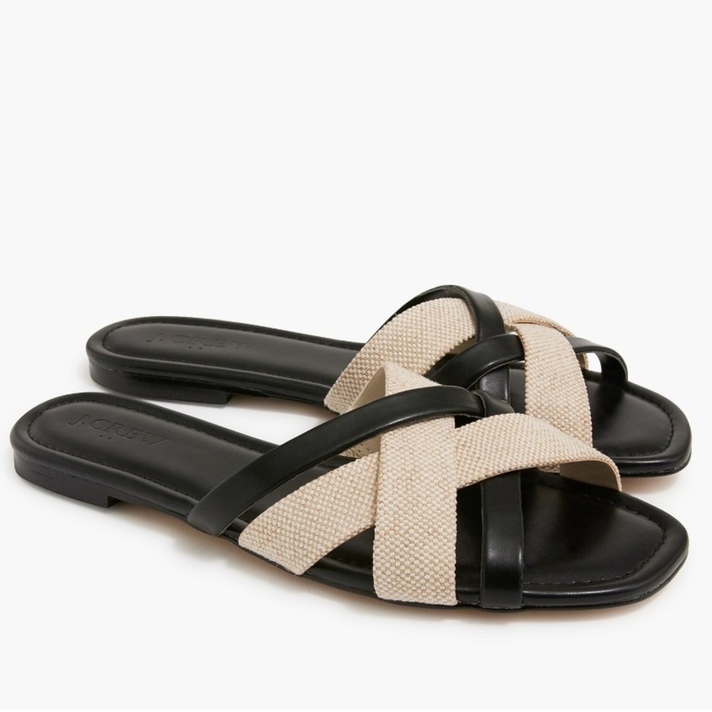 J.Crew Womens Sandals Size 7 Black Khaki Multi Strap Slide Coastal Vacation NWT
